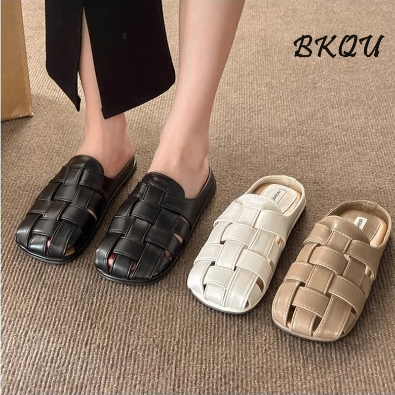 

BKQU Women's Summer Woven Slippers Wear A Slip-on 2024 New Trend Black Baotou Roman Half Drag All Casual Mule Sandals Mary Jane