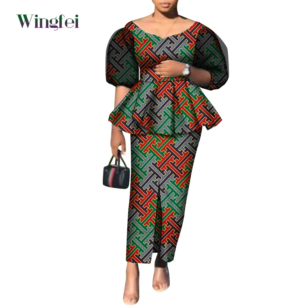 Fashion African Clothes African Print Top and Skirt 2 Piece Sets Dashiki Women Outfit Puff Sleeve African Suits for Women WY9282