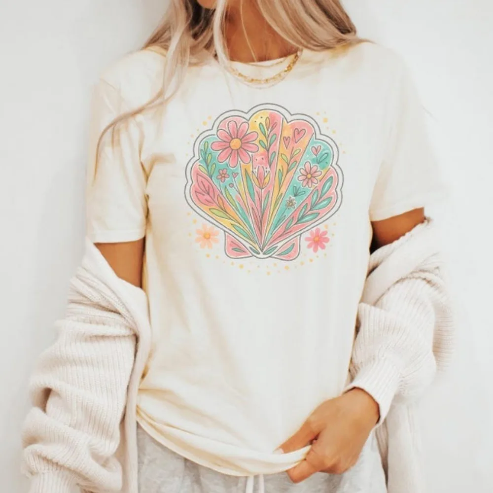 Floral Seashell Women Graphic TShirt Pastel Flower Shell Art Summer Beach Cute Boho Botanical Tee Nature Inspired Shirt Gift