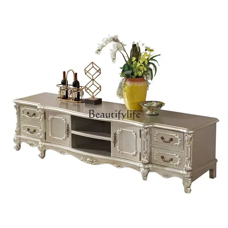 

European light luxury TV cabinet solid wood carving flower American storage floor cabinet villa premium champagne color
