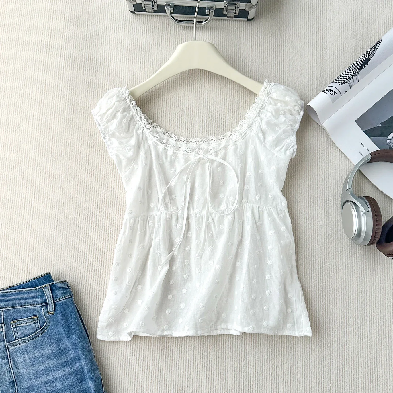 

French Sweet White Polka Dot Bows Shoelace Puff Sleeve Shirt Summer New Arrival Silm Elegant Short Sleeve Tops JJ103