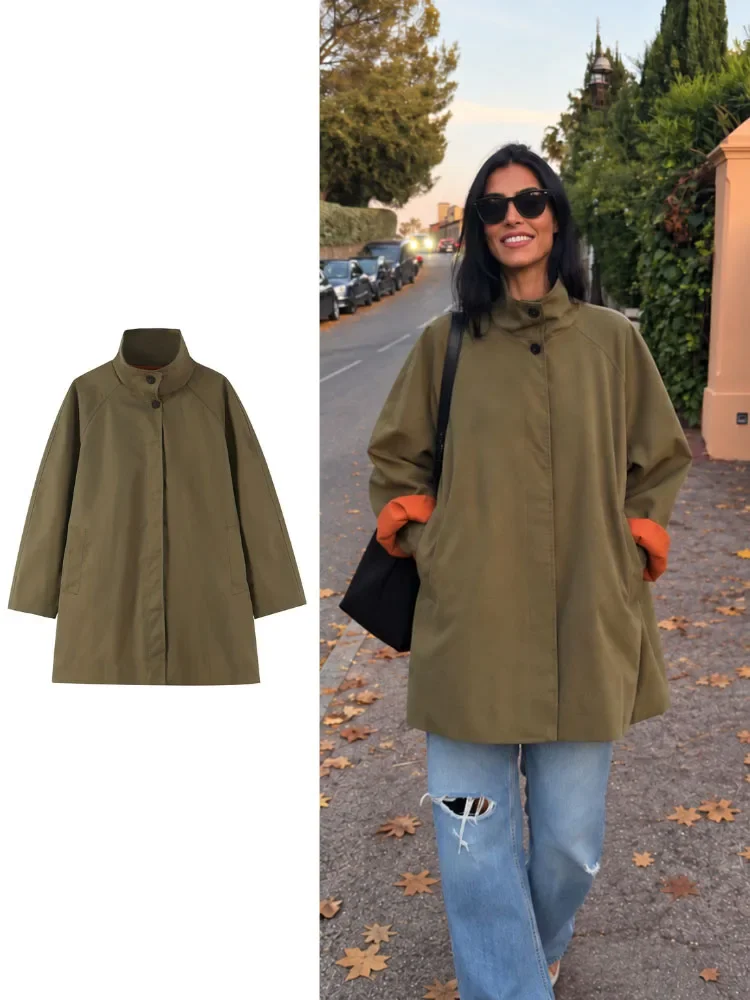 New Street Retro Olive Green Stand Collar Mid-length Coat Women Fall Raglan Sleeve Oversized Vintage Trendy Chic Outerwear