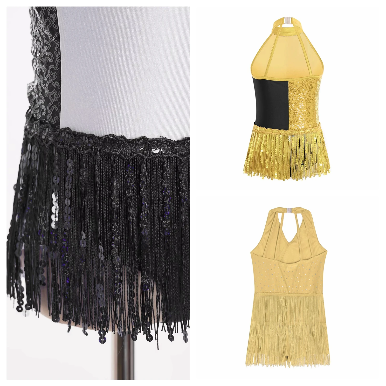 Kids Girls Tango Dress Rumba Chacha Stage Dancewear Outfits Latin Dance Costume Fringe Leotard Sleeveless Tassel Jumpsuit