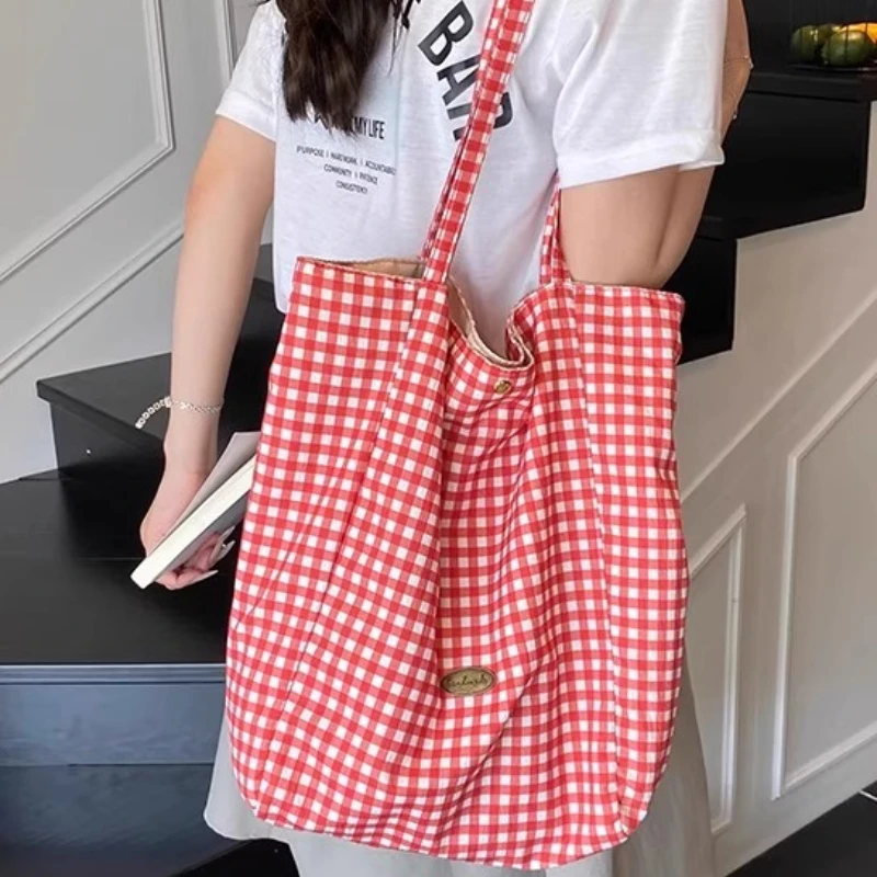 

Large Capacity Portable Ladies Shopping Bag Solid Color Plaid Female Shoulder Bags Casual Polka Dot College Girls Book Handbags