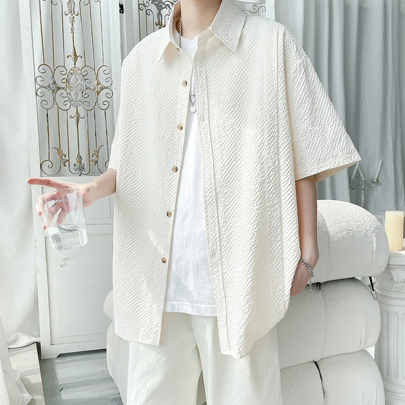 Summer Short Sleeved Shirt Men Fashion Brown Pleated Shirt Men Korean Loose Casual Shirt Mens Hawaiian Shirts Large Size 4XL