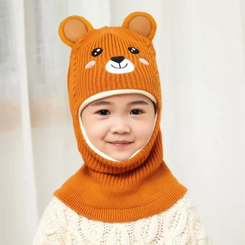 Gorro de punto para niño y niña de 2 a 10 años, gorros con orejeras, protección para el cuello, Animal de dibujos animados, a prueba de viento,