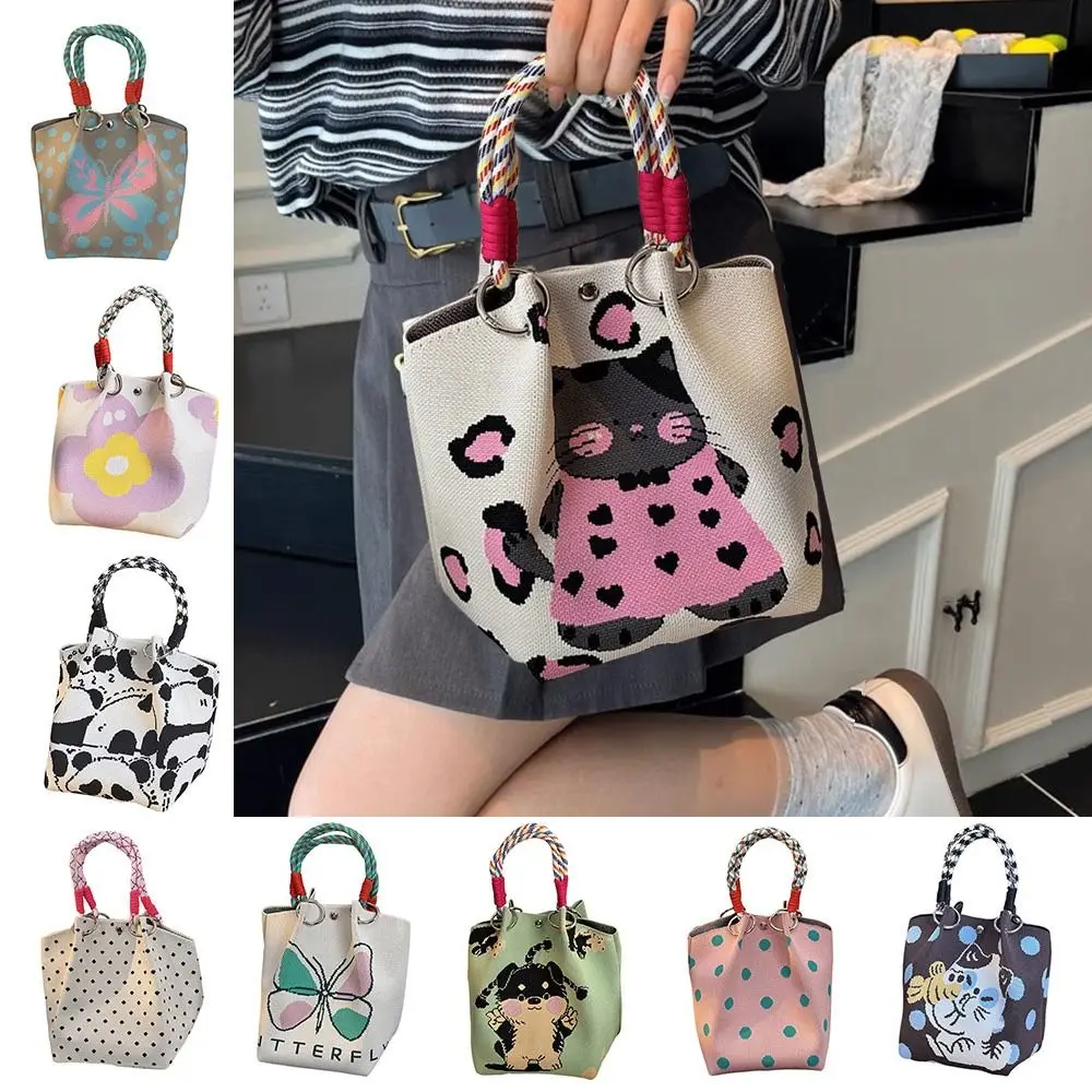 

Модная мультяшная вязаная сумка-ведро ручной работы, большая вместительная сумка на плечо, тканая сумка на запястье с кольцом и пряжкой для женщин и девочек