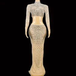 Women Sexy Sparkly Rhinestones Top Long Skirt Transparent Stretchy Two Pieces Set Celebrate Evening Prom Gown Birthday Dress