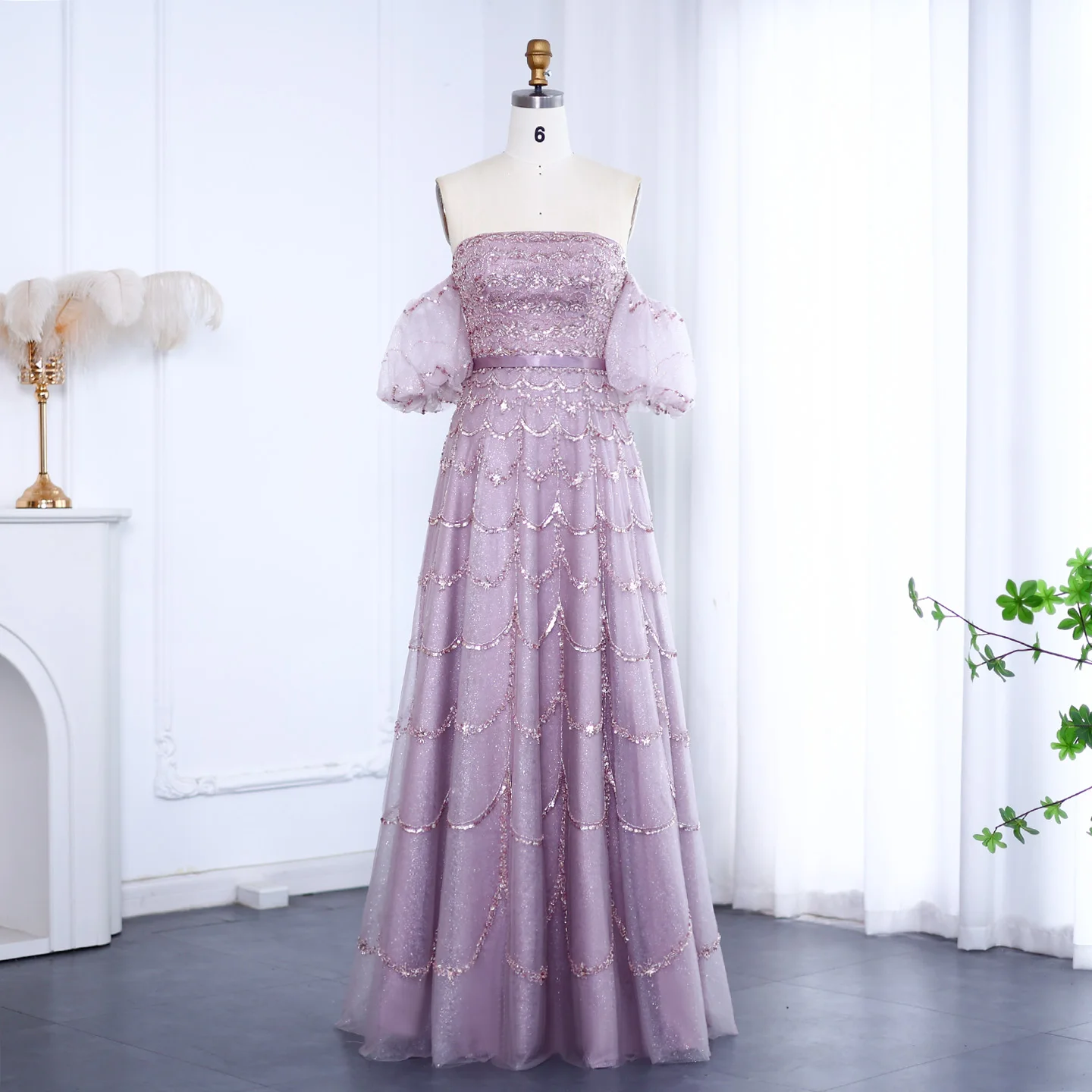 

Sharon Said Elegant Strapless Dubai Pink Evening Dress with Puff Sleeves Grey Green for Formal Party Gowns SS037 Customized