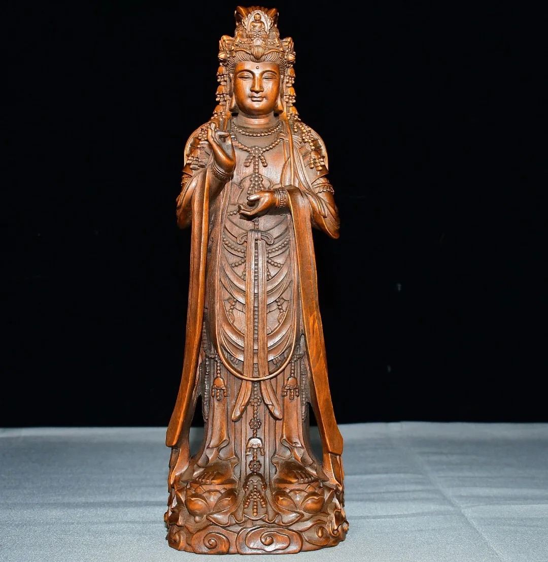 Old Boxwood Palden Lhamo Standing Buddha Wearing a crown on the head Amitabha Buddha Study Amass wealth Ornaments