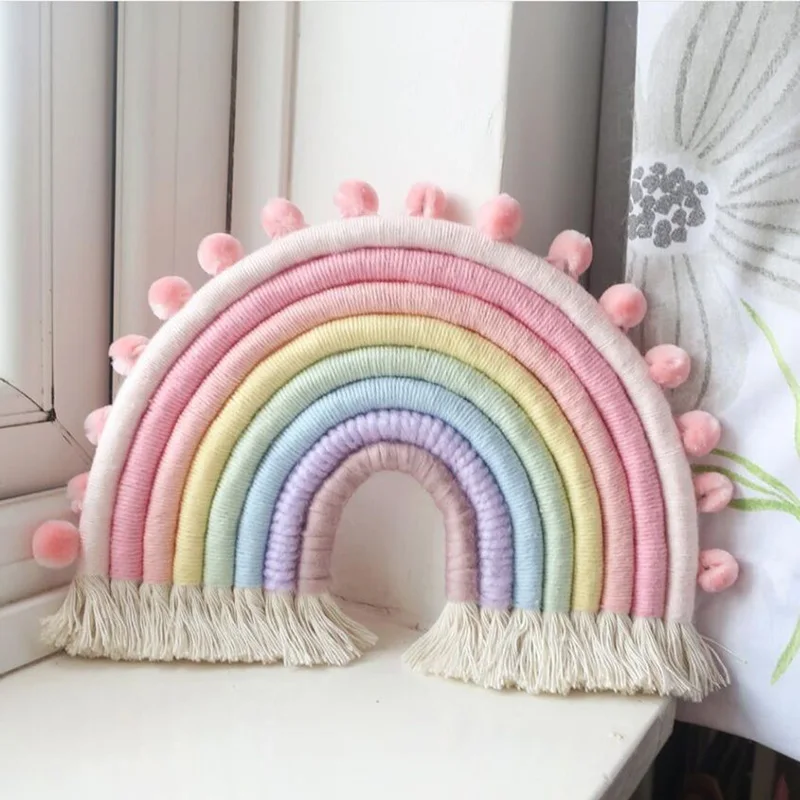 Nordic Baby Room Decoration Hand-Woven Rainbow Ornaments Wall Hanging Kids Room Decorations Weaving Rainbow Pendant Photo Props