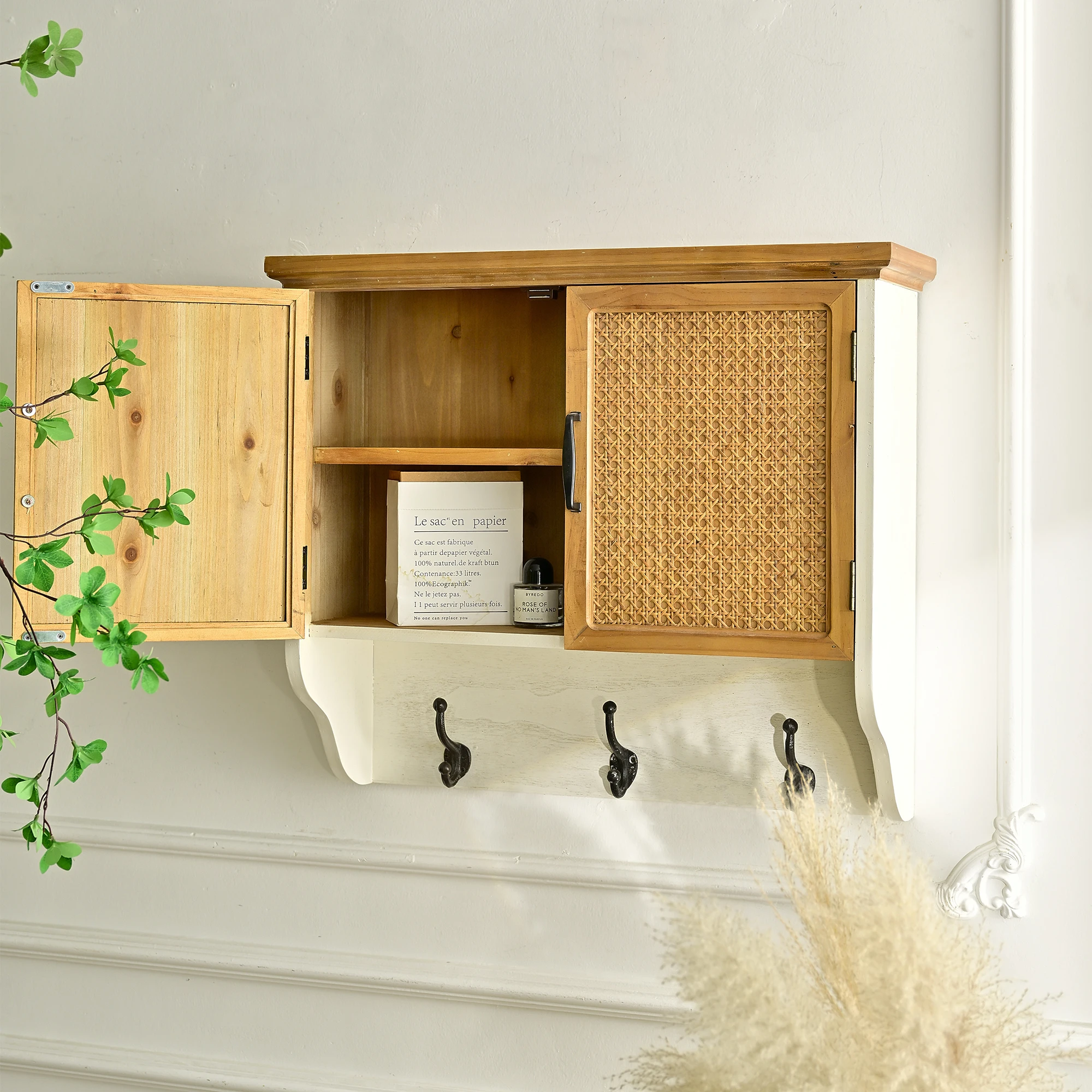 Solid wood living room furniture accent wood storage wall hanging cabinet with hook home furniture
