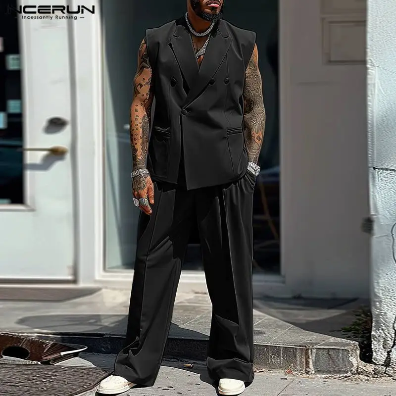 Men's 2024 INCERUN American Style Solid Color Sleeveless Sets Casual Insert Pocket Two-piece Suits Street Fashion Oversize