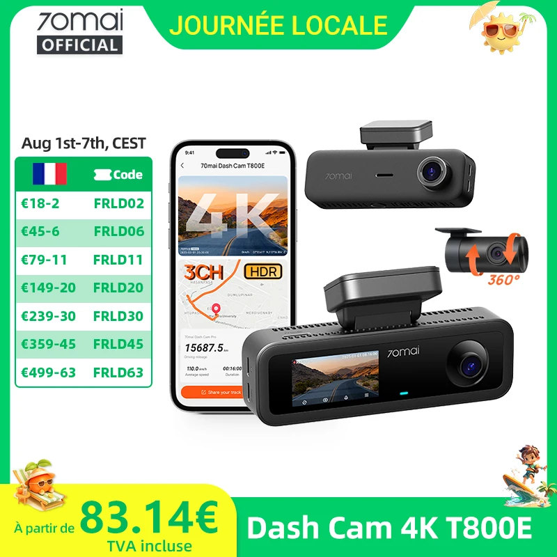 70mai T800E Caméra embarquée 4K 3 canaux (avant, arrière, intérieur) 3-en-1 avec commande vocale, surveillance de stationnement 24h/24, supercondensateur et GPS – Enregistreur vidéo de voiture 4K 70mai T800E