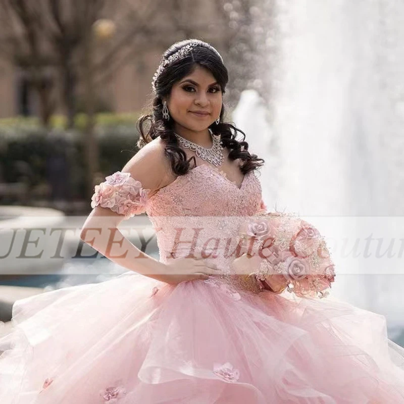 Vestido De quinceañera con cuentas De encaje y lentejuelas, ropa De noche Formal, De manga corta, color rosa