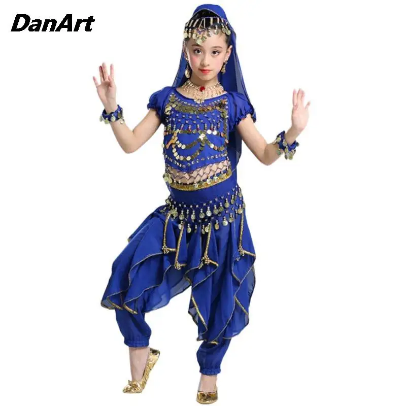 4PCS Girls Sequin Belly Dance Outfit Arabic Halloween Coins Costume Set Children Indian Dance Practice Performance Clothing