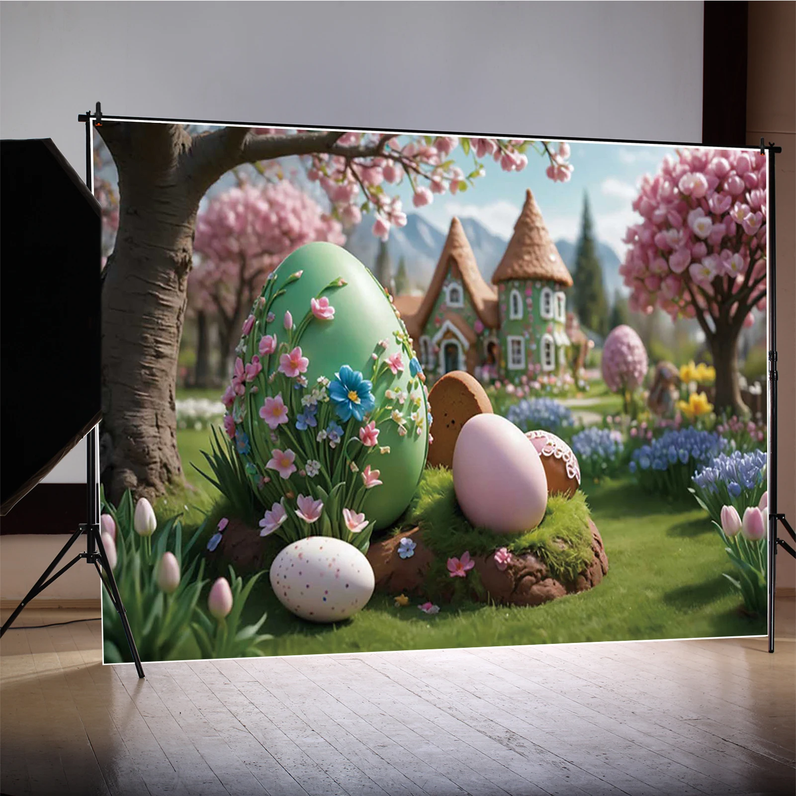 MOON.QG Happy Easter 2025 Background Photography Rabbit Bunny Home House Enchanted Forest Garden Balloons Decoration Backdrop