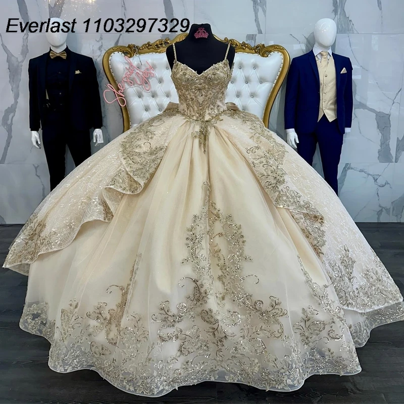 EVLAST Customized Champagne Quinceanera Dress Ball Gown Gold Lace Applique Beading Tiered Sweet 16 Vestido De 15 Anos TQD381