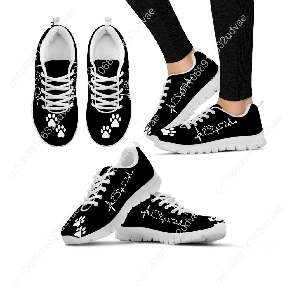 Cute Pets Dogs Footprints Paw Pattern Woman Shoes Heart Love Heartbeat Print Women's Low Top Casual Sneakers Ladies Big Footwear