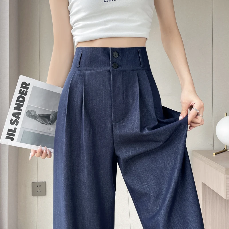 

Темно-синие шелковые джинсы женские летние тонкие с высокой талией и драпировкой груша ape Slim Ice Silk Широкие брюки Длинные брюки с застежкой на пуговицы