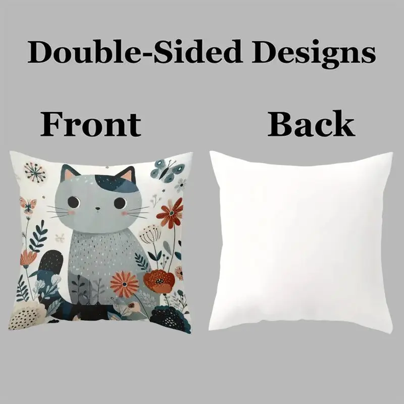 Whimsical Cat and Floral Print Pillowcase Cover Throw Pillow Decorative Cottagecore Art Bedding Home Decor Gift for Nursery