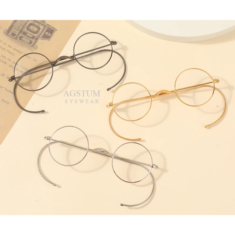 Retro Small Round Wire Rim Glasses, Vintage Optical Eyeglass Frame with Cable Temples and Ear Hooks