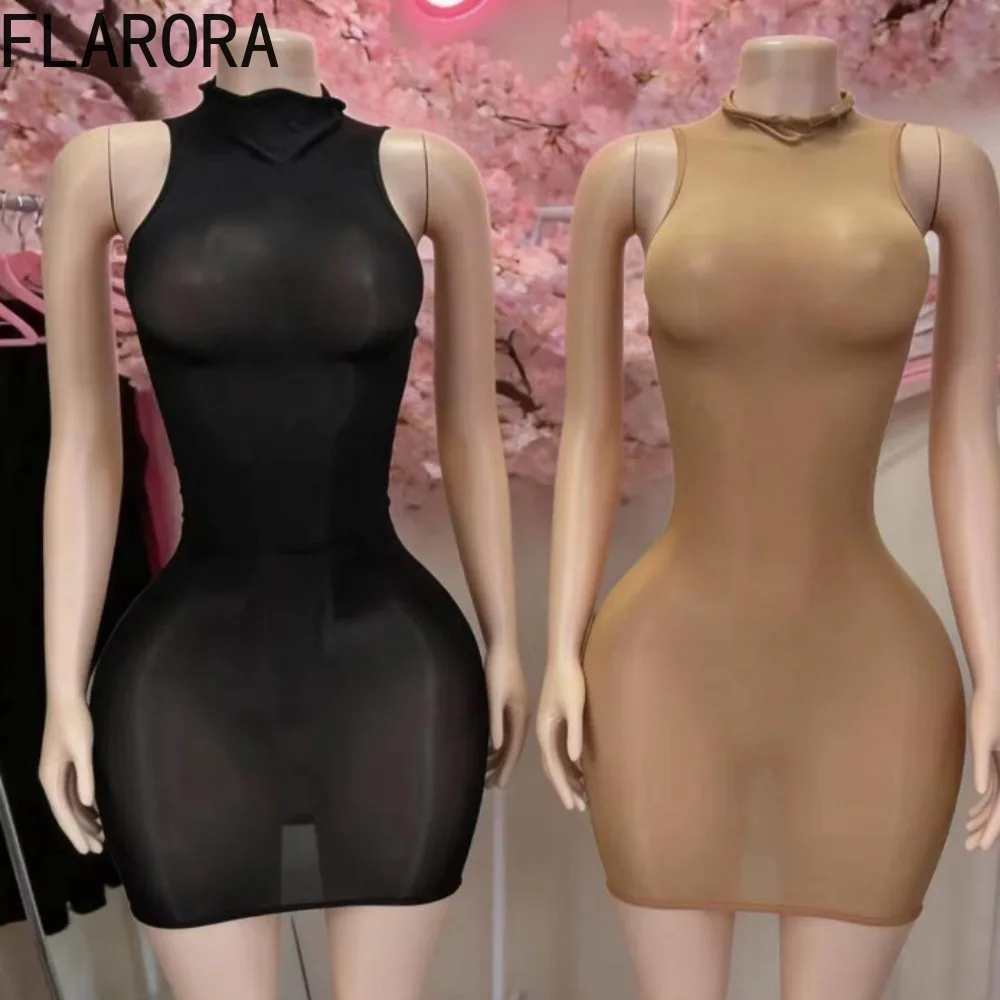 

FLARORA Sexy Mesh See Through Mini Dress Woman Wild Trend Round Neck Sleeveless Bodycon Dresses Stretch Midnight Party Clubwear