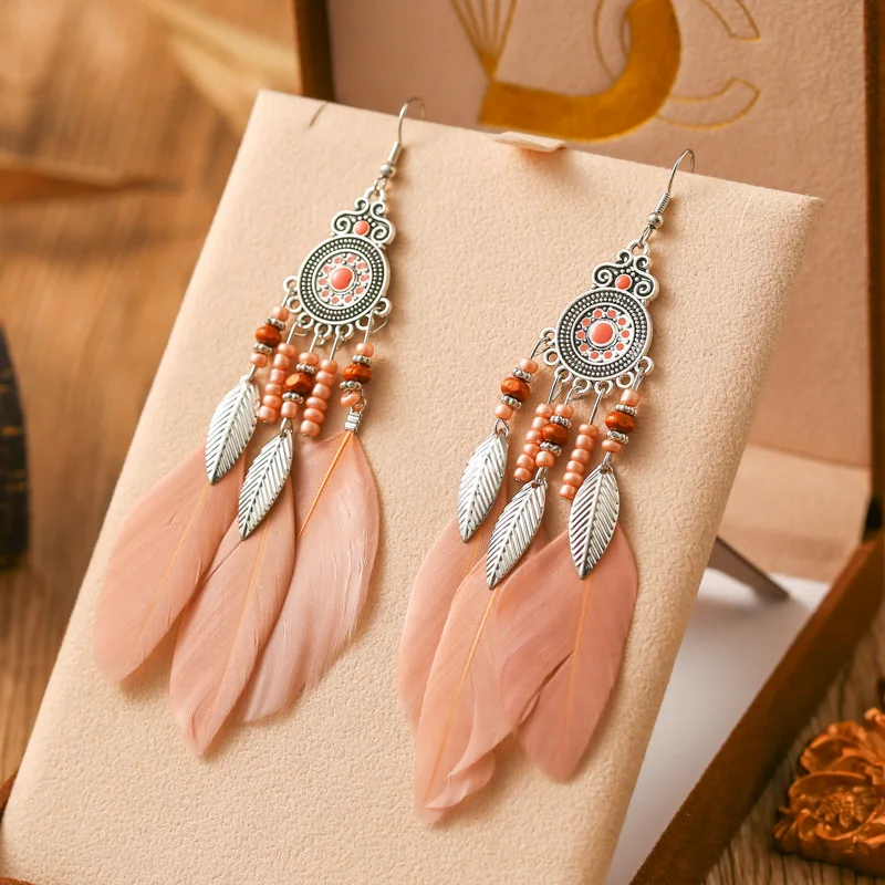 Fashion Bohemian Natural Feather Earrings for Women Elegant Long Vacation Style Temperament Earrings Party Daily Jewelry