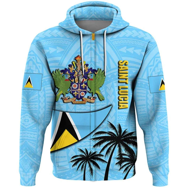 Saint Lucia Flag Map Graphic Sweatshirts LC National Emblem Zip Up Hoodies For Men Clothes Casual Male Hoody Sport Boy Pullovers