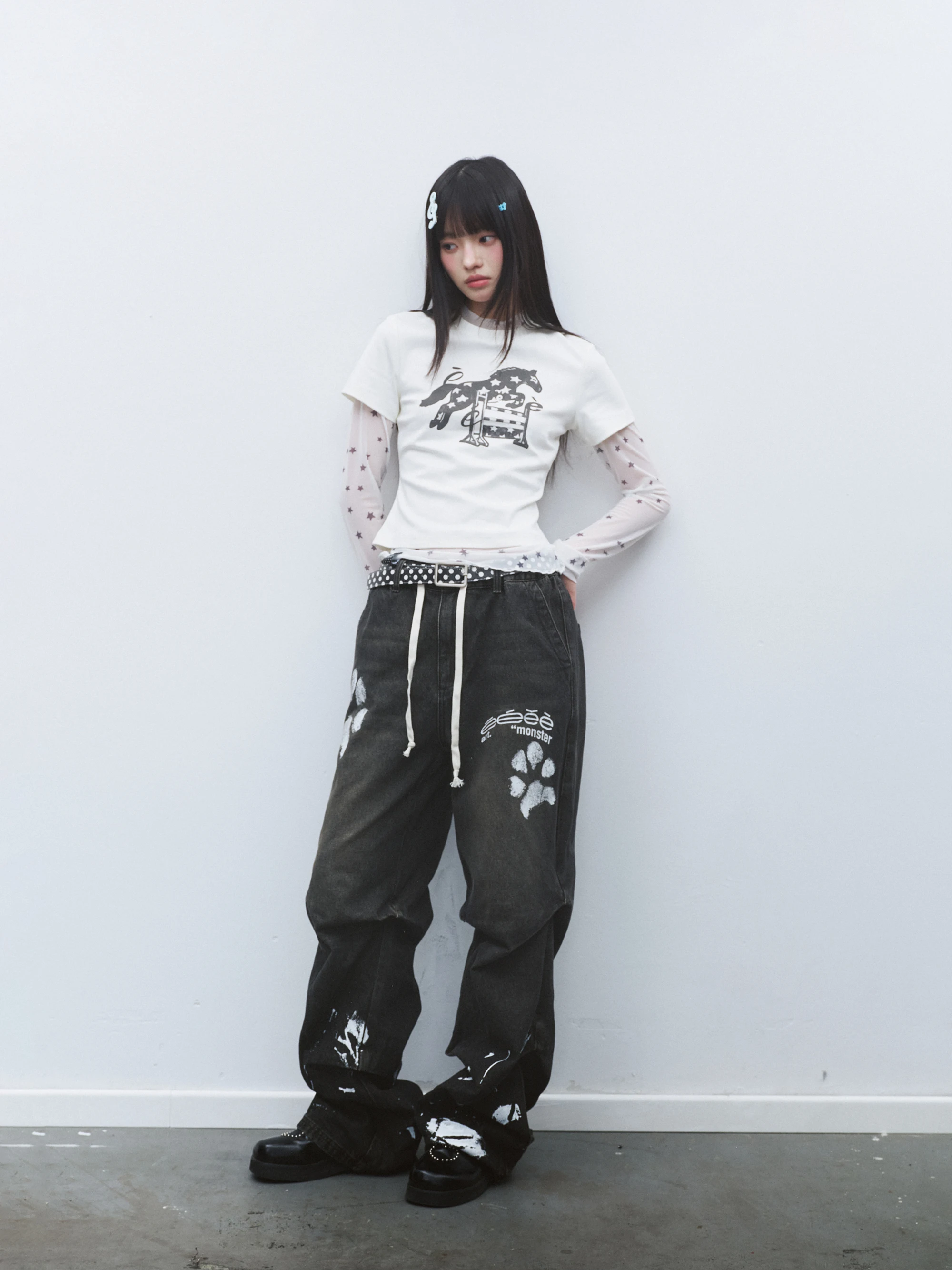 Small Dog Ink Treasure Drawstring Pleated Denim Pants Brushed Claw Print Straight Leg Long Trousers Unique Design Sensation