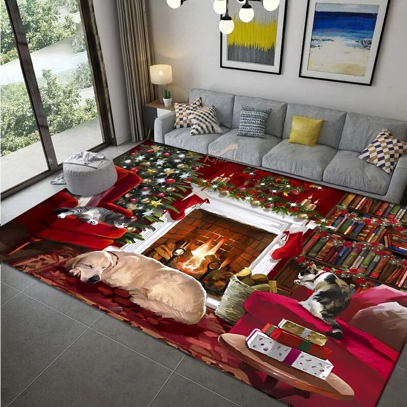 VIKAMA 3D Fireplace Christmas Rug,Non‑Slip Indoor Floor Mat,Sleeping Dog Cat Xmas Tree Gift Scene Carpet for Living Room Decor