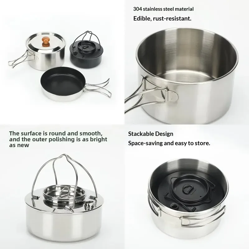 Outdoor Portable Stainless Steel Non-Stick Folding Boiling Water Camping Cookware Multipurpose Set 3-piece Set WP601