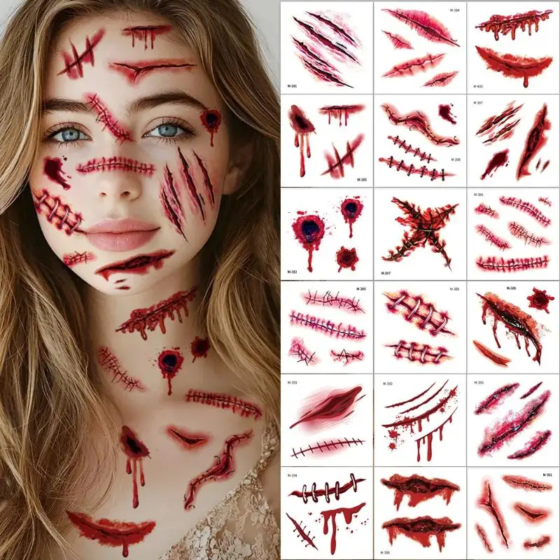 20 Sheets 3D Realistic Scar Tattoos Waterproof Fake Bloody Wound Stickers For Halloween Cosplay Face & Body Makeup Adults​​