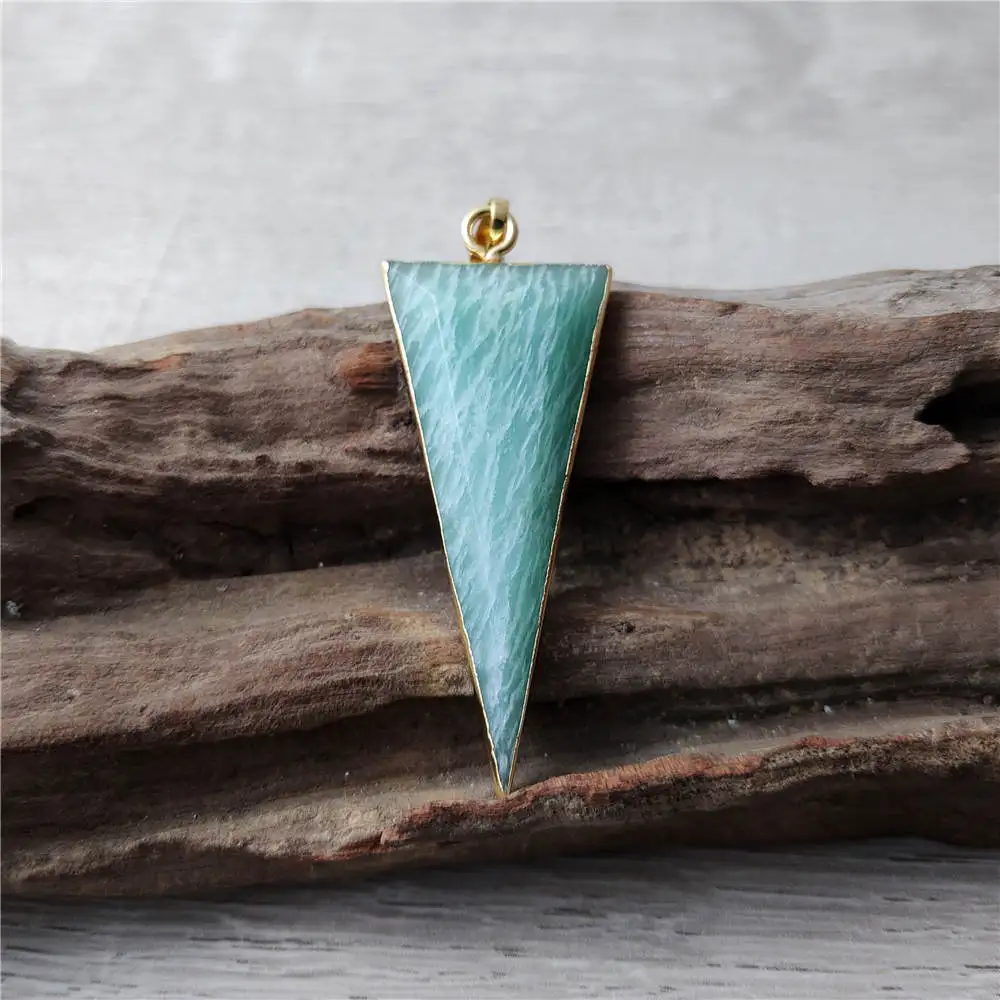 FUWO Carved Long Triangle Amazonite Pendant,Gold Color Plated Energy Mineral Crystal Accessories For Jewelry Making PD428 5Pcs