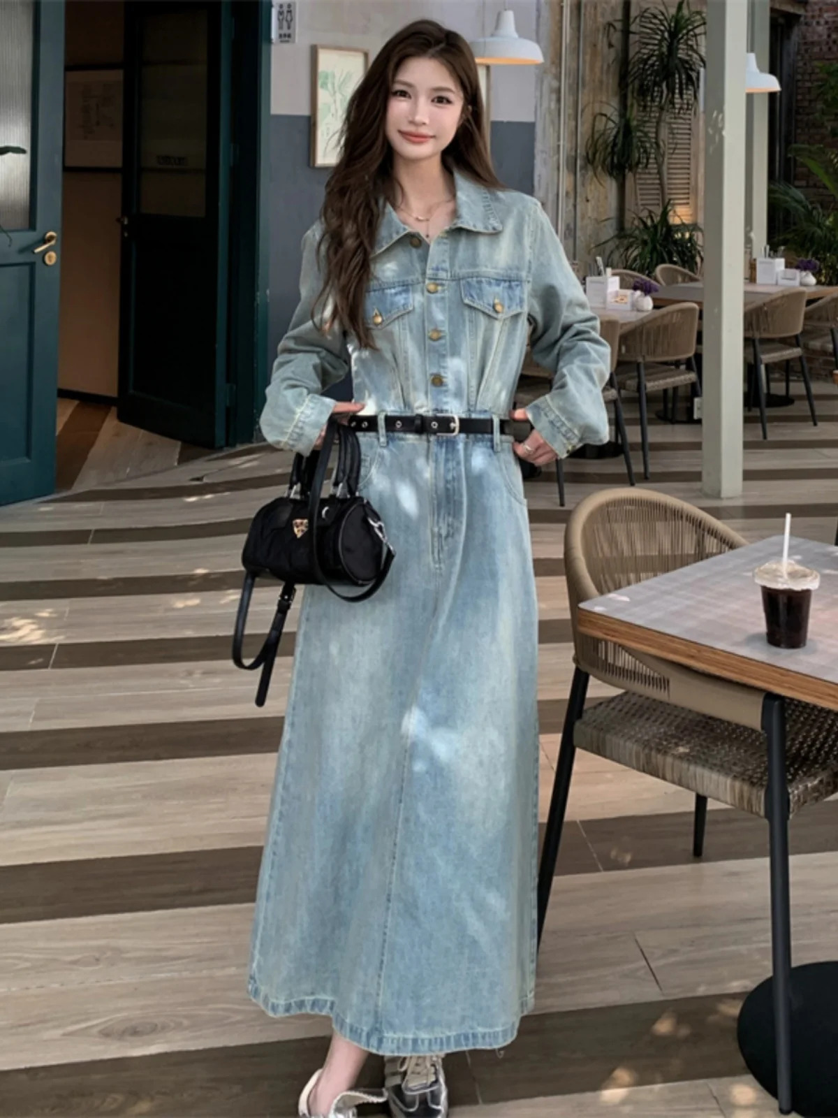 plus Size Fashionable Long Sleeve  Collar Denim Dress Slimming Waist Design Korean Style High Waist A-Line Midi Dress
