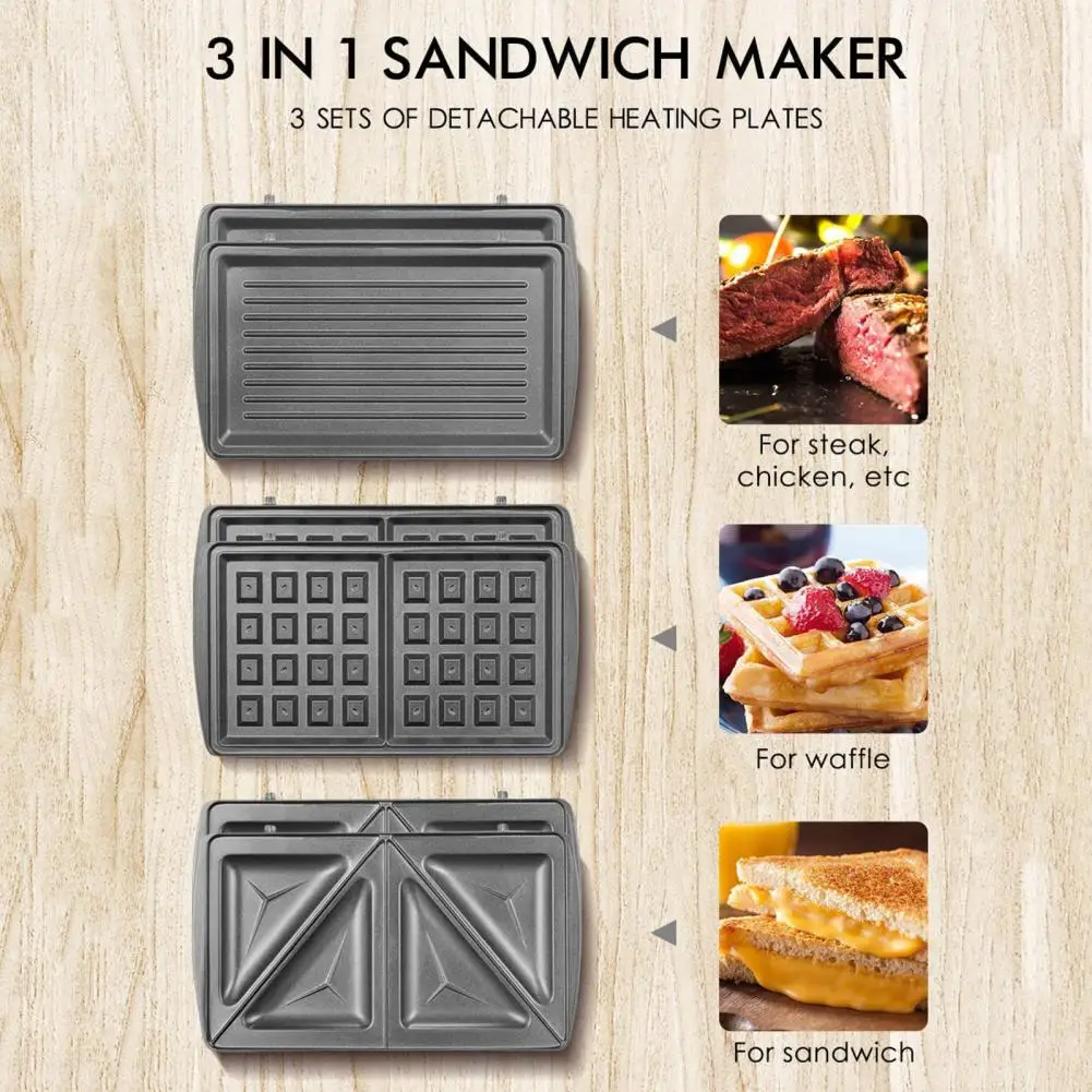 US Plug 3 in 1 Waffle Sandwich Maker with Removable Plates 750W Heating System Non-stick Electric Panini Press Set