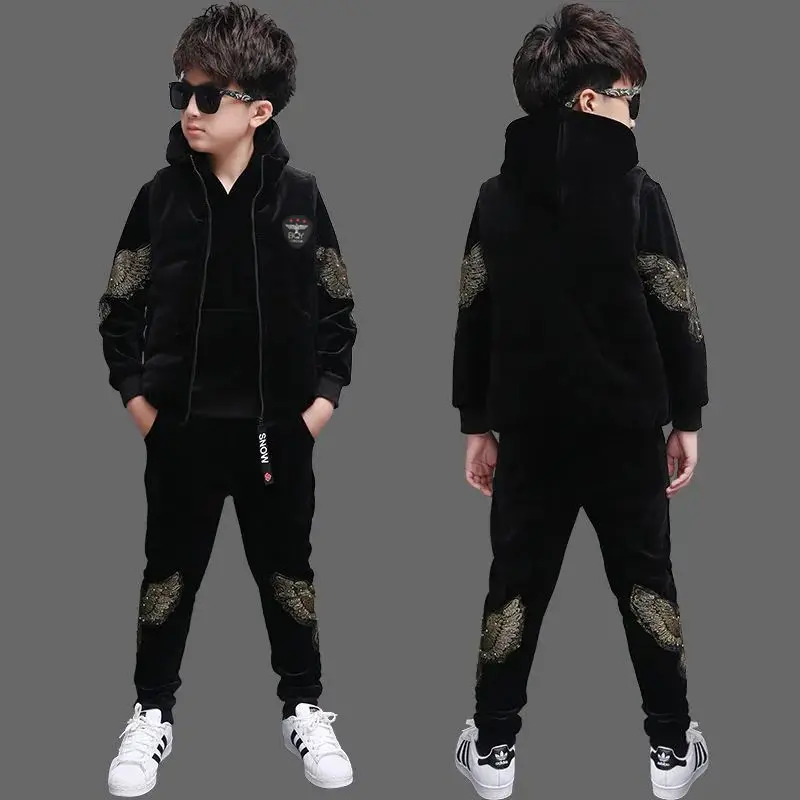 Boys' Winter Golden Velvet Set Children's Three Piece Set New Autumn and Winter Thickened  Velvet Casual Mid To Large Kid Sets