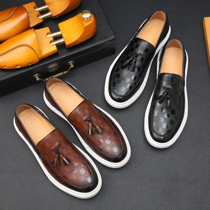 New Black Men\'s Vulcanize Shoes Brown Slip-On Sneakers Tassels Handmade Men Shoes  Size 38-45