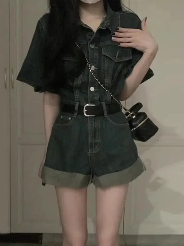 Denim-Einteiler mit hoher Taille für Damen, Sommer 2025, neues Vintage-Set, lockeres Gefühl, Ort-Hosen, lässige Taillen-Jeans mit weitem Bein
