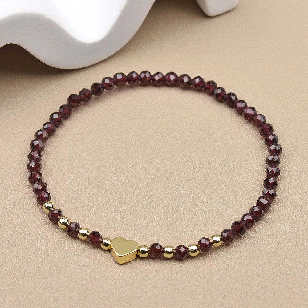3MM Natural Stone Sunstone Lapis Garnet Moonstone Amethyst Hematite Heat Brass Beads Stretchable Bracelets For Lady Gift