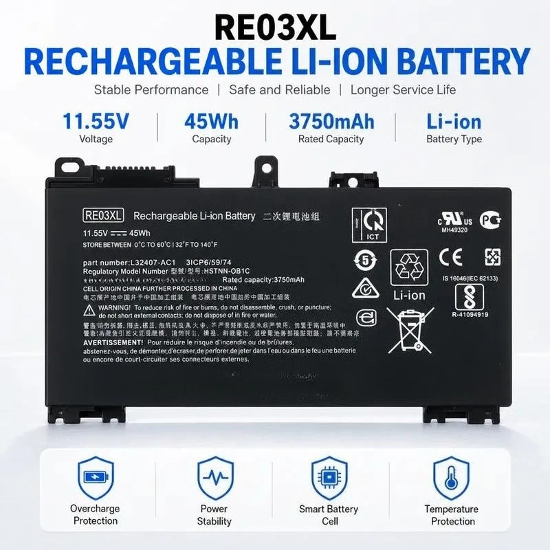 RE03XL for HP Pro 14 15 G3 HSN-Q22C 430 G7 Laptop Battery Replacement High Capacity Rechargeable Li-ion Power Supply