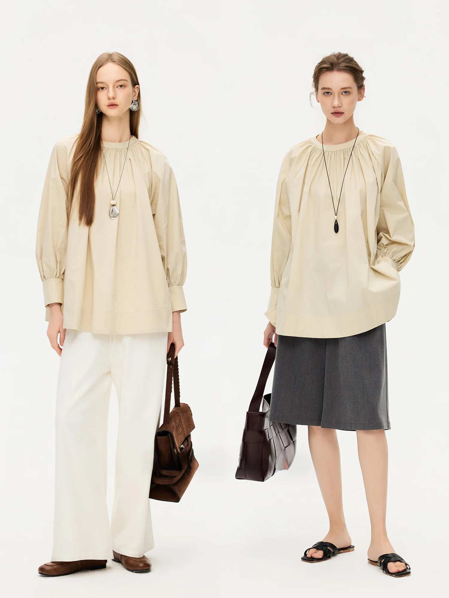 

Женская модная рубашка Seame из хлопка с высоким содержанием нитей, рукавами-фонариками, круглым вырезом и завязками, в минималистичном стиле, с длинными рукавами