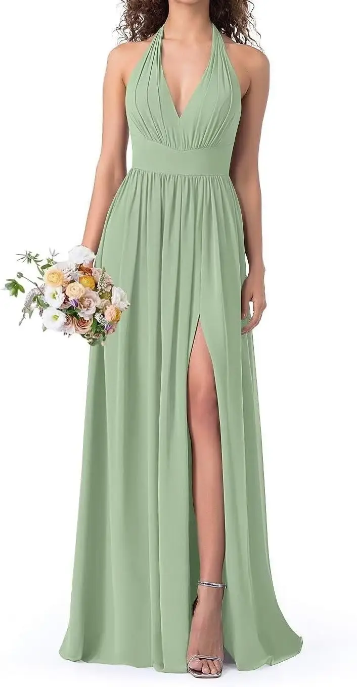 Vestidos de dama de honor de gasa con cuello Halter para mujer, vestidos formales largos plisados con hendidura, vestido de fiesta de noche, vestido Formal elegante para mujer