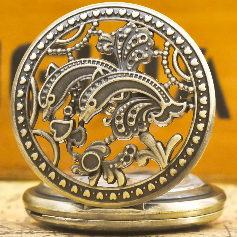 Vintage Bronze Steampunk Jumping Dolphin Sculpture Quartz Pocket Watch Necklace Pendant Clock Chain Men Women Chain Gift