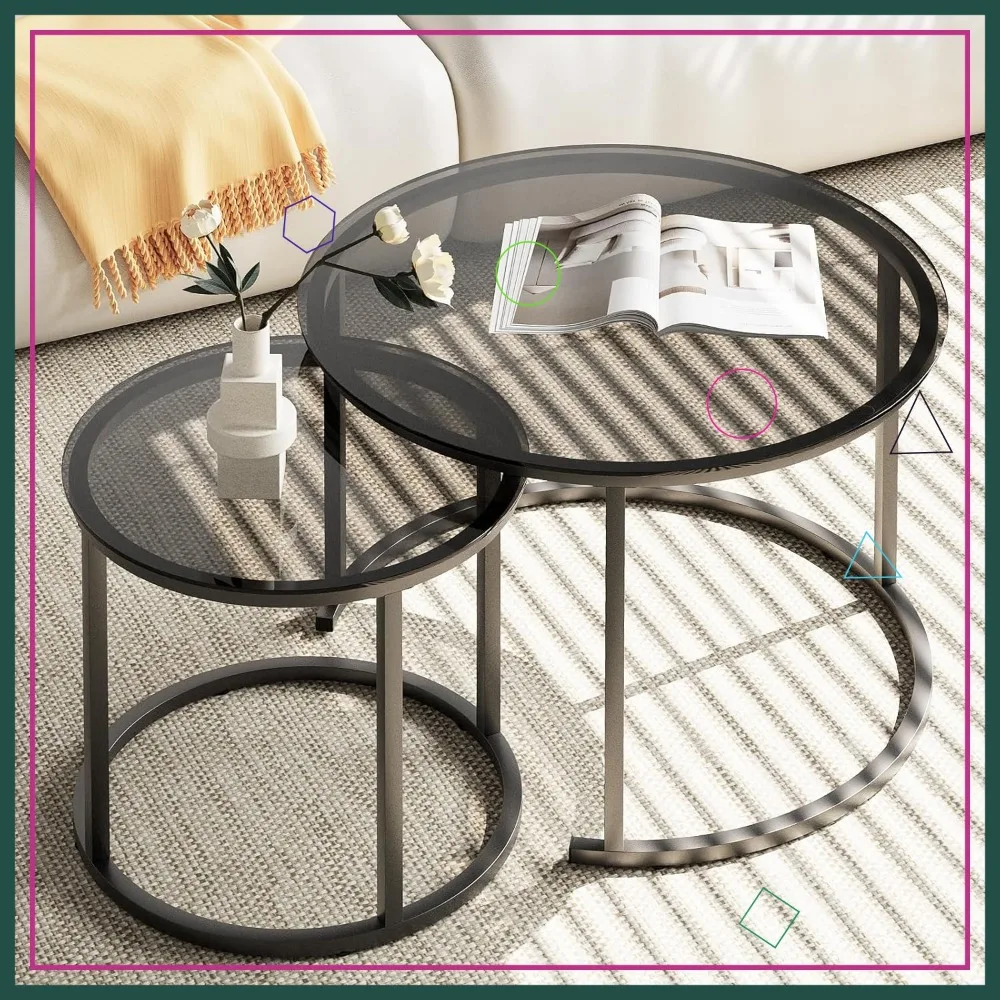 

Modern Nesting Coffee Table Set of 2, Round Glass Top with Metal Frame for Living Room Bedroom