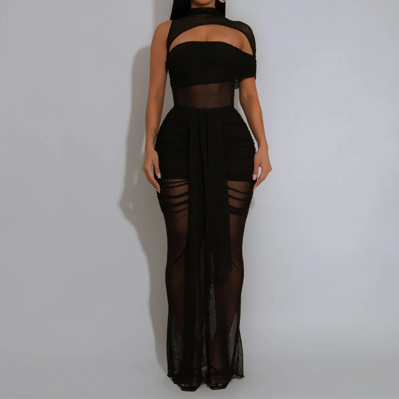 Slergiri Abito da donna sexy con scollo a lupetto in rete con spalle scoperte, festa da sera, elegante tubino aderente con volant, maxi abiti lunghi