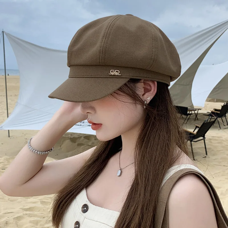 New women\'s thin section cap Elegant art style duck tongue hat pure color versatile octagonal cap literary newspaper boy hat