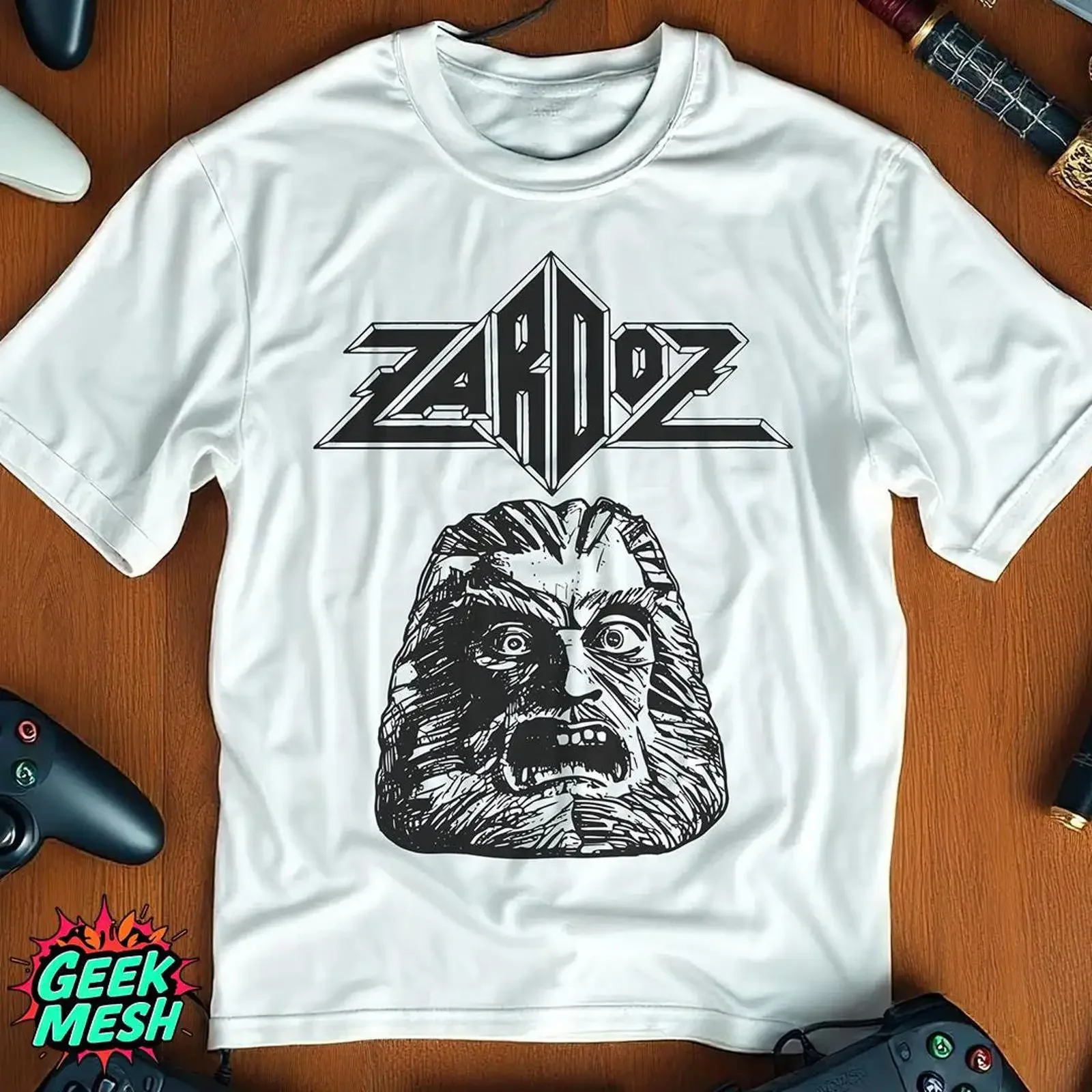 Zardoz T Shirt White with Iconic s from Cult Classic Film Head Perfect for Retro Sci Fi Movie Fans vintage Washed Soft