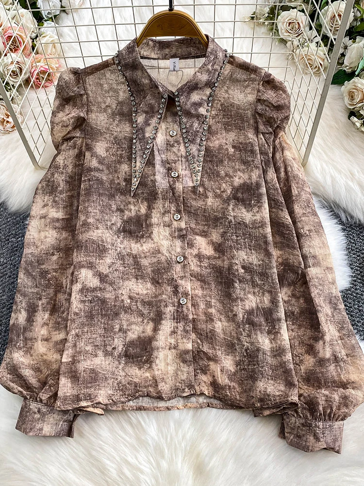 

Женская осенне-зимняя рубашка с бриллиантами и лацканами, рубашка с рукавами-фонариками, универсальная яркая шелковая блузка, женский топ BL263