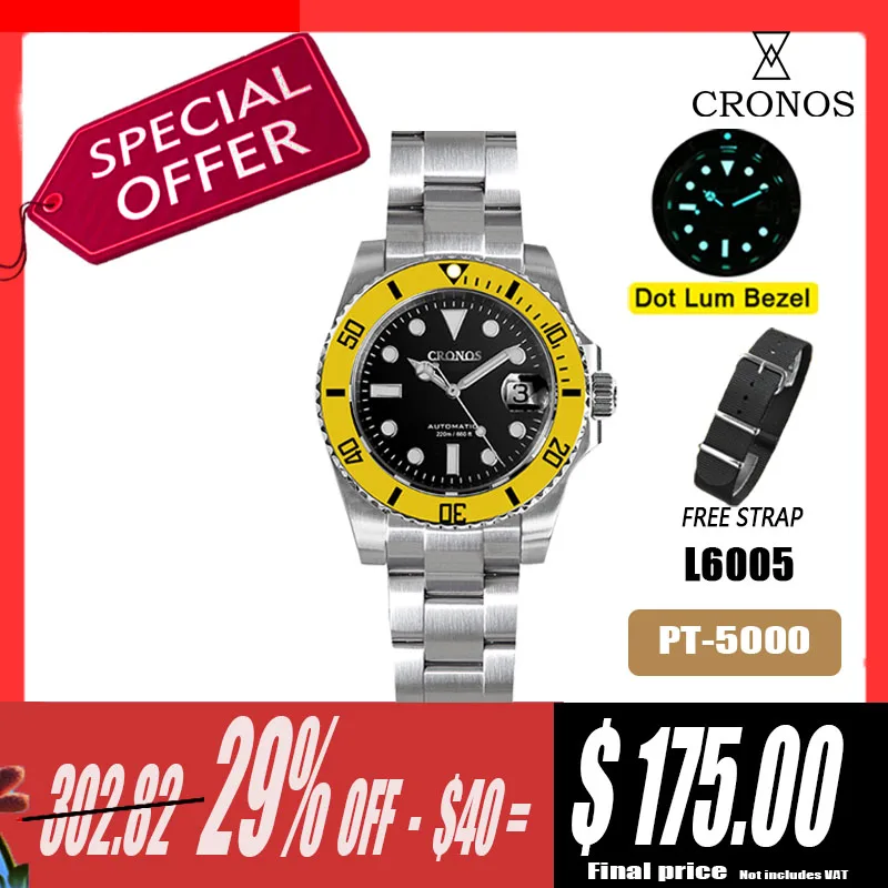 Cronos Sub Diver Men Watch Stainless Steel PT5000 Bracelet Ceramic Bezel 200 meters Water Resistant Glideclasp L6005 V3 Watches